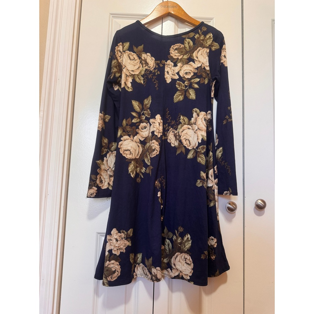 French Atmosphere Navy Blue Floral Rose Print Long Sleeve Swing Dress Medium